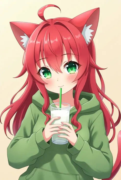 A beautiful anime girl with long, with good-natured, red hair and green eyes. She has red cat ears and wears a green hoodie and holds a glass of milk with a green straw.