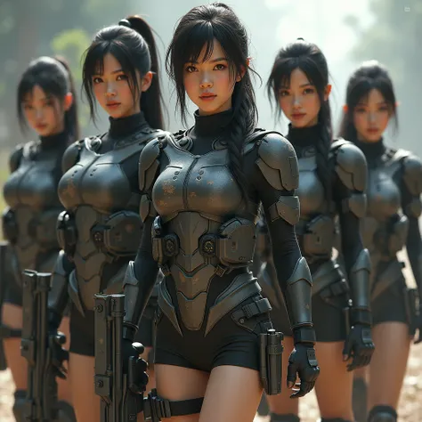 a group of 5 cute anime-style asian girl soldiers in compression leggings shorts, highly detailed, intricate battle-damaged armor, military tactical gear, intense cinematic lighting, dramatic action pose, epic fantasy sci-fi, hyper realistic, 8k, photoreal...