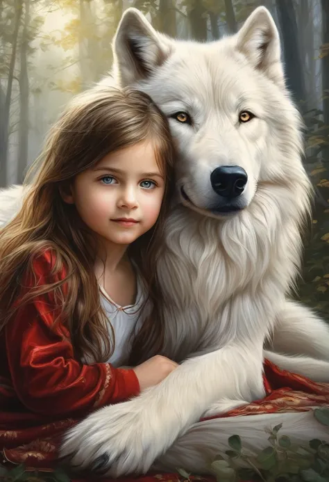 (masterpiece:1.2, Highest quality:1.2, ), 16K, Super detailed, masterpiece, Highest quality, White Wolf, Human Child, beautiful white body hair, Realistic fur shine, Eyes shining gold, Whole body 1.5, ((Lying down:1.5, Children snuggle up:1.5, Drawn compos...