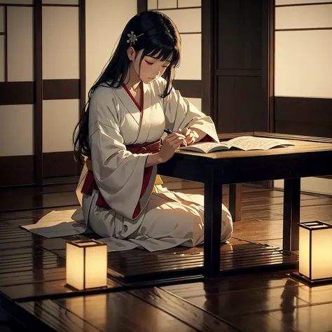 midnight, Heian-era Japanese woman, seated in a dark room lit by moonlight, wearing a traditional kimono, writing on parchment, serene and focused expression, soft moonlight casting shadows, elegant and timeless atmosphere, delicate brushstrokes, intricate...