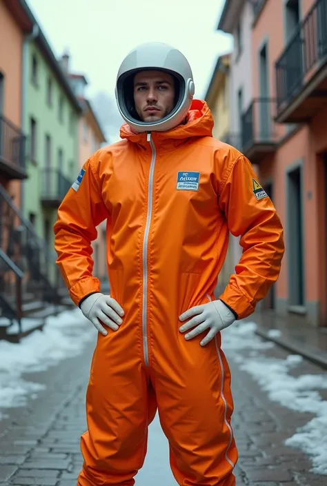 action photography of a well-built young man as a ((glamour model)) with ((razor cut haircut)) In a biohazard suit,  fully enclosed for protection or as a fashion statement,  dressed in orange astronaut suit,  white helmet,  city street,  cobblestone pavem...