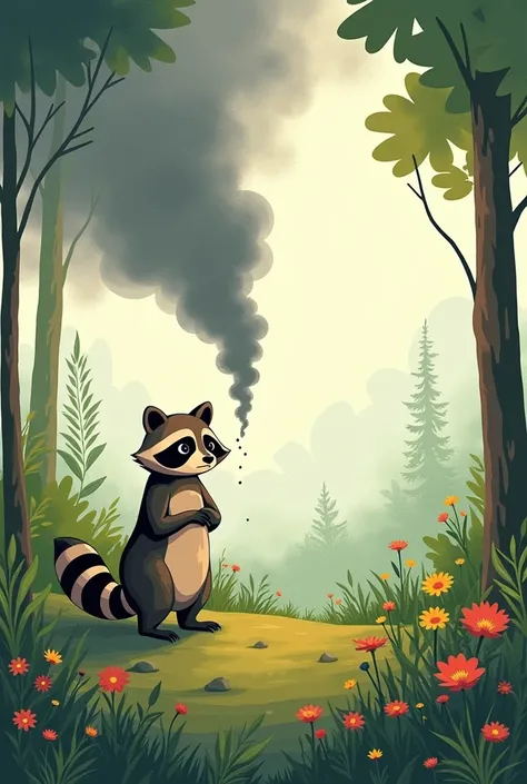 **Instructions for a childrens illustration, with details of lines and colors. Each scenario needs to be an illustration in a different rectangular frame** **Scenario
A cloud of gray pollution begins to appear in the sky, obscuring the scenery. The raccoon...