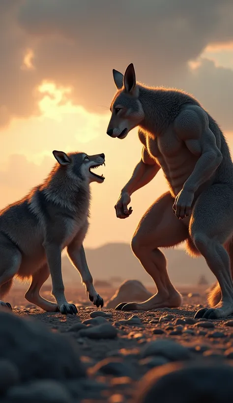 An intense face-off between a muscular kangaroo and a fierce wolf. The kangaroo stands tall, its powerful tail stabilizing its stance, with its muscular arms ready to strike. The wolf, equally imposing, crouches low with its sharp eyes locked on its oppone...