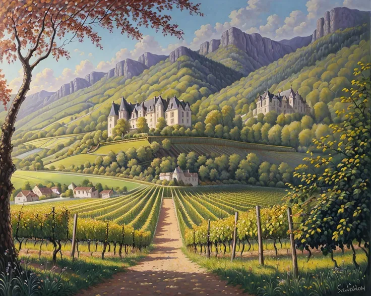 detailed painting of a vineyard and a French chateau, detailed, realistic, breathtaking, masterpiece, oil painting, (art by Ewald Rbsamen)