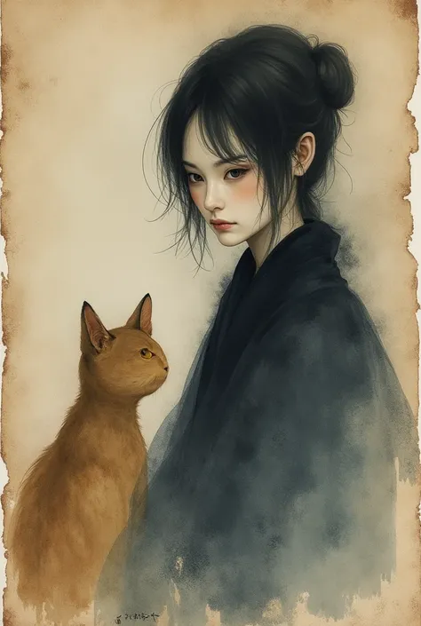 Watercolor、Old paper texture、Damaged Paper、Old style、Faded colors、Rough brush strokes、Close-up of face、A painting depicting a cat and a prostitute from the Edo period、blue、Blurred Painting、Front facing picture