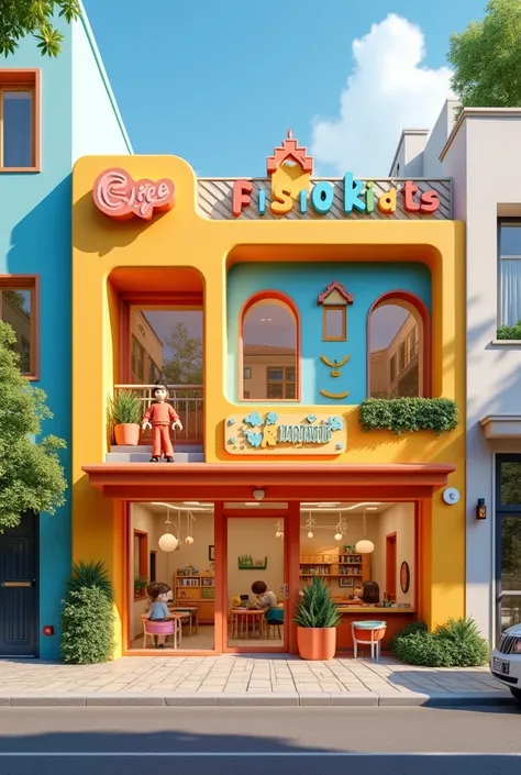 Realistic facade of a physiotherapy center called FisioKids