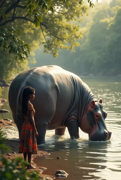 Un hippopotame qui s en va dans le fleuve  en vous tournant le dos  à une jeune fille noire tressée  habillée traditionnellement 