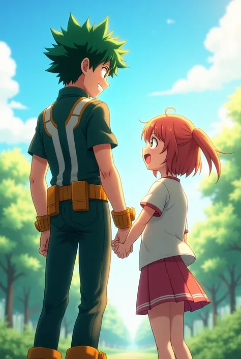 Deku and Itsuki Nakano of the Witcher Quintuplets looking forward holding hands