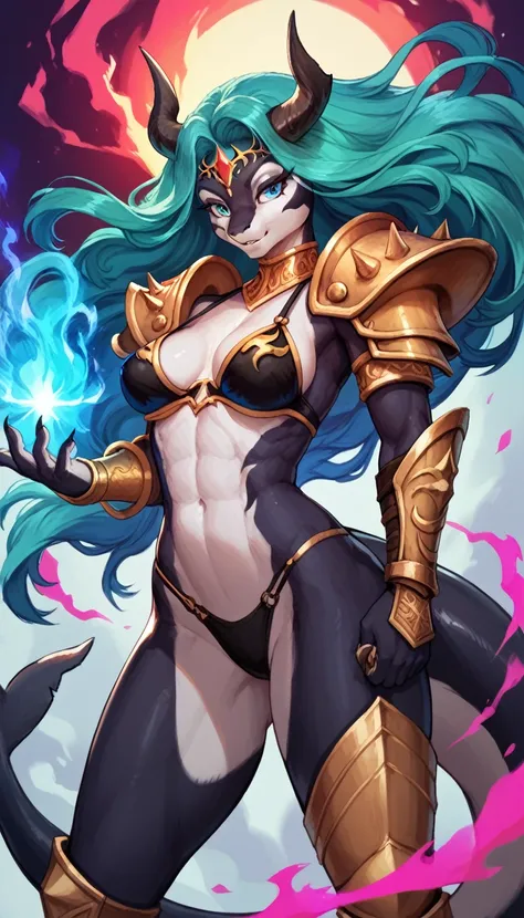 Anthro Fantasy Warfare Anime Setting: A ((Anthro Orca Goddess))) in a (((fantastical battle sister pose))), elegantly dressed in a ((powerful black bikini armor with intricate details)), standing confidently amidst a raging battlefield. Her form is (adorne...