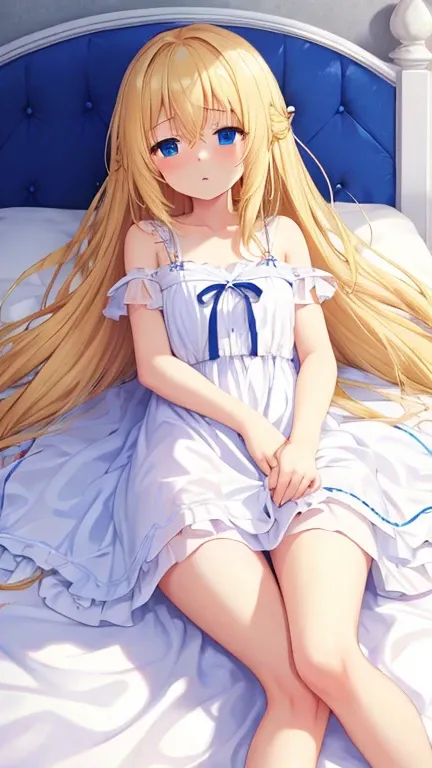 1girl, long_hair, blonde hair, sleepy expression, blue eyes, long flowy white dress, sleeping on bed, tthick thighs, 