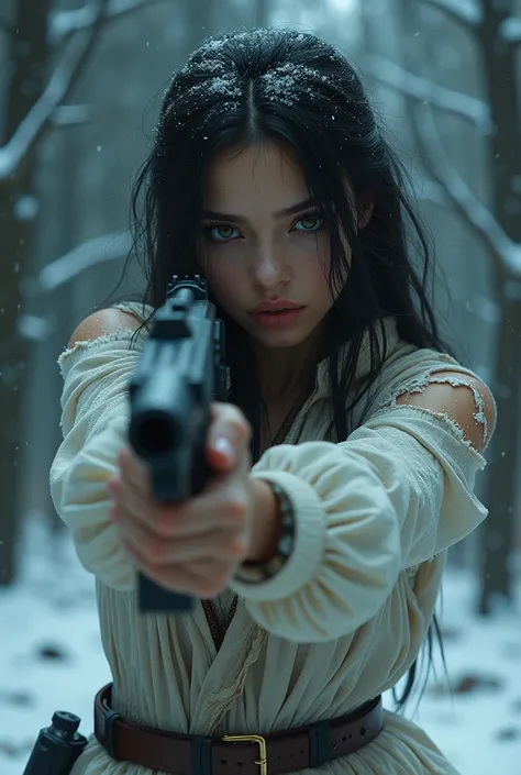 a female killer, killer, beautiful 20 year old woman, beautiful detailed eyes., beautiful detailed lips, Extremely detailed eyes and face., imposing look, long eyelashes, torn dirty white dress, killer gear, killer pose, killer action, He has a machine gun...