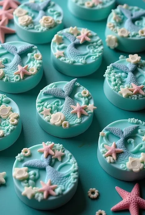 Circle-shaped saponified soaps with a Peruvian sea theme , with land and some starfish and a mermaid tail  