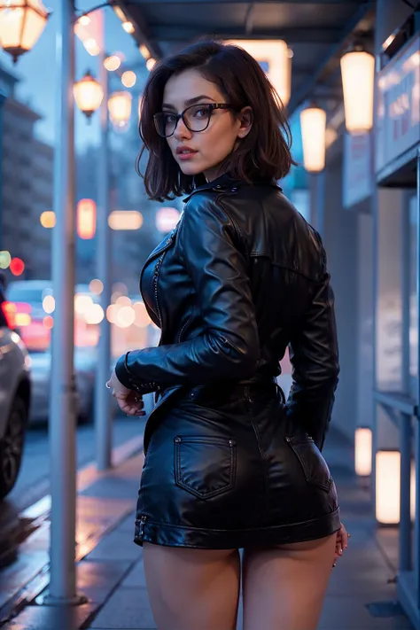 masterpiece, best quality, (lifelike:1.4), beautiful woman, from behind, round ass, short brown hair, light gray glasses, black ...