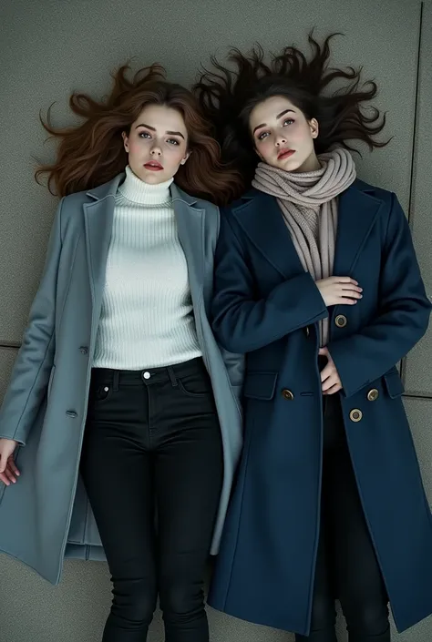 ((20s two dead russian women)), the first have grey eyes, brown bob cut hair wearing white sweater, black jeans and grey coat, the second have brown eyes, dark brown long hair and wearing dark blue coat and silk scarf, (((full view))), small breasts, full ...