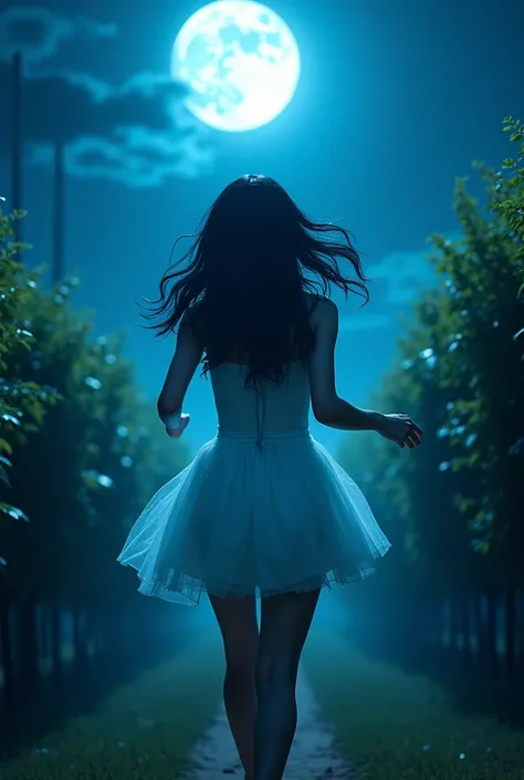 Girl with big black hair and blue eyes wearing a very pretty short white dress in the background of a plantation and she is running between the plants with a blue moon showing the light. Photo she is running from behind. 