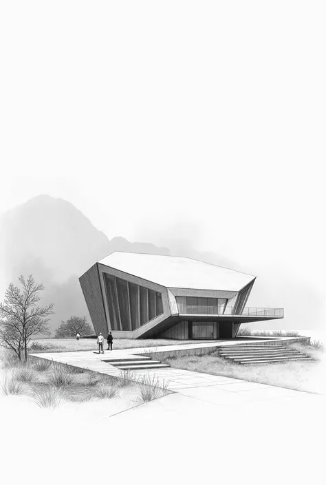 Generates a pencil drawing of a hexagon-shaped building 