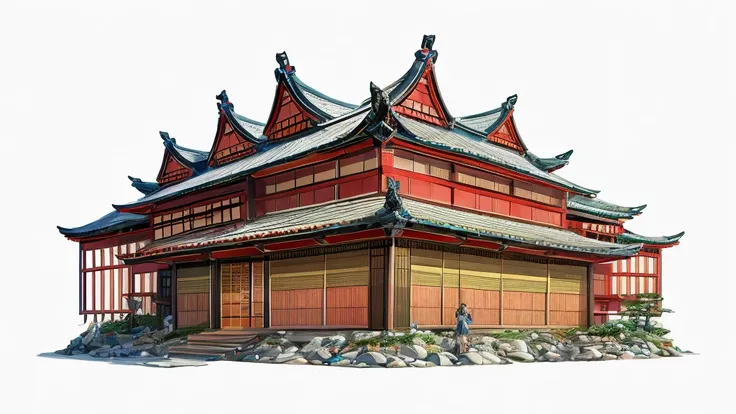 Japanese building, concept art, design, white background, cartoony design, 