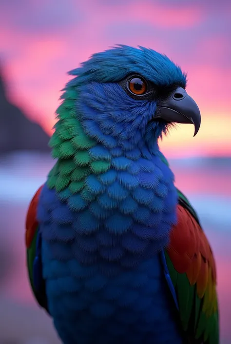 Close-up of a torogoz, Salvadoran colors, detail of feathers, in front of the tunco, in the background a purple sunset 