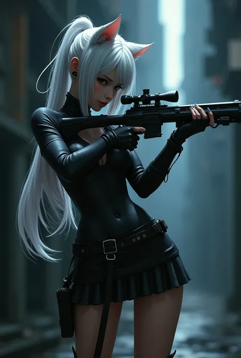 War game character, sniper, night view, mini skirt, white hair, cat ears, pure 