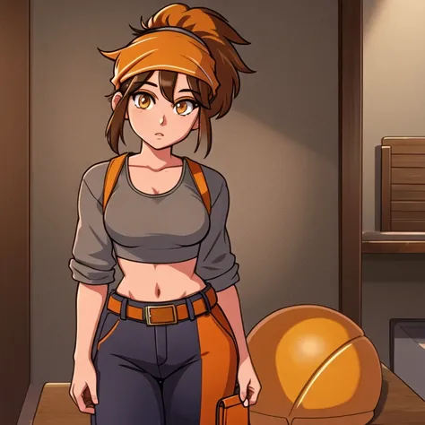 1girl, solo, 24yo woman, short brown hair, ponytail hair style, (amber eyes:1.5), tan-bronze skin, athletic figure, medium breasts BREAK (Early 2000s based fashion:1.3), ((Wearing: orange head bandana, black crop-top, belt, grey baggy pants)) BREAK looking...