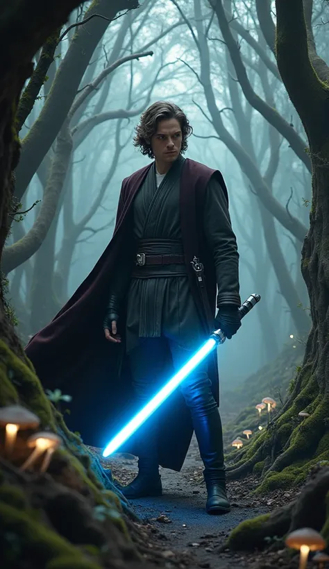 Anakin Skywalker, played by Hayden Christensen, stands in the forest of Endor, glaring at the viewer, one double-bladed lightsaber glowing blue in his right hand. His long, curly black hair blows in the wind. The landscape is a maze of twisted roots, jagge...