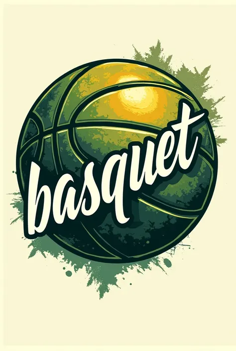 BASKETBALL LOGOS WITH THE BALL IN GREEN COLORS, YELLOW AND WHITE WITH THE SENTENCE BASQUET BALL XAJLA IN THE FORM OF A TATTOO
