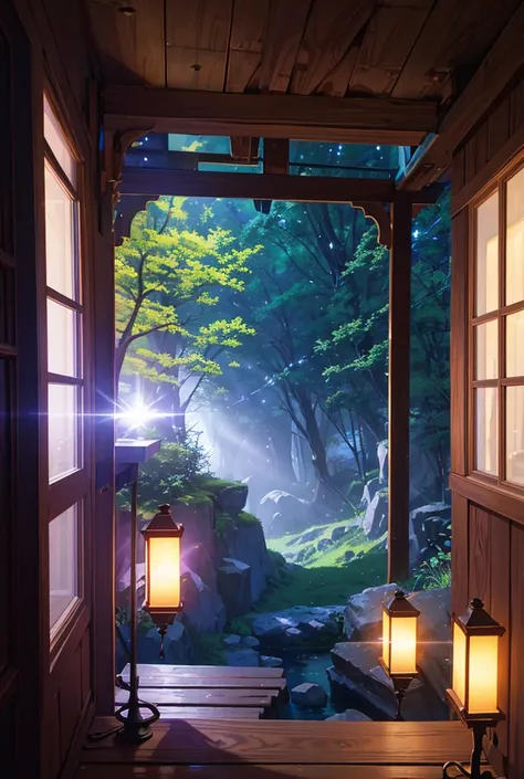 Wooden cottage at cliff, deep forest below cliff, night, glowing, peaceful, vibrant colours, shades of violet, above view, vanishing point, Sparkle, Depth Of Field, Ray Tracing, Reflection Light, Glowing Light, Illustration, 8K Octane, Anime Style, Anime, ...