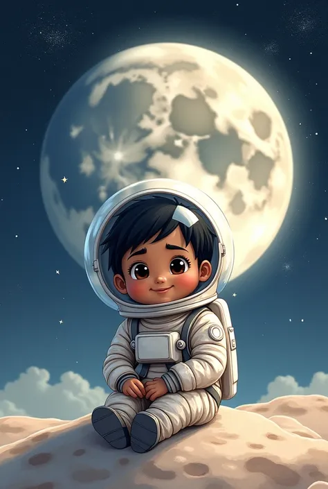 astronaut boy with dark skin and black hair sitting on the full moon in watercolor drawing style kawaii pastel colors