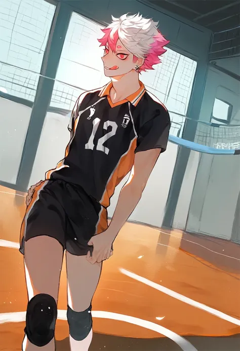 haikyuu style boy smiling,with white layered hair (hair down to the nape of the neck and longer sideburns with pink streaks)red eyes (lost gaze)with a piercing on the tongue,nose and eyebrow with Shiratorizawa haikyuu uniform anime style(background of a vo...