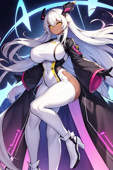 1girl, full body, ((full_body)), large breasts, dark skin, long sleeves, sleeves, mature female, hourglass figure, dark-skined female, white hair, long hair, shoes, bodysuit, white bodysuit, yellow eyes, neon trim, neon lights, machinery, futurustic, scien...