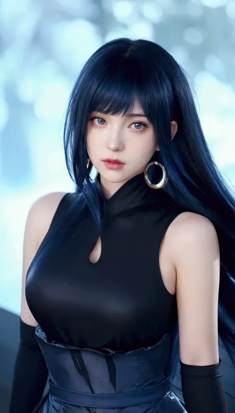 a close up of a woman with long blue hair wearing a black dress, seductive tifa lockhart portrait, anime girl cosplay, dark blue...