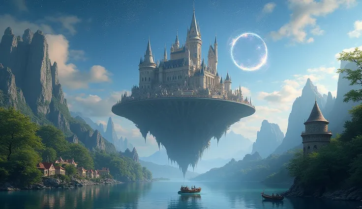 This is a beautiful, fantastical scene of a floating castle surrounded by water and lush greenery. There are smaller buildings surrounding the castle, creating a sense of a thriving community. The sky is filled with stars and shimmering circles of light, a...