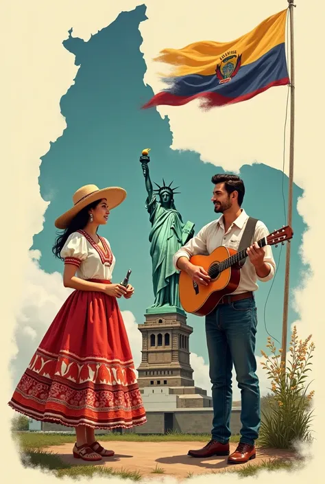 Woman in traditional costume, Man with a guitar, Statue of Liberty of El Salvador and flag of El Salvador on the silhouette of the country El Salvador, all like a drawing, that so much detail is not seen