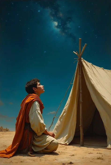 Young Abram kneeling by his tent looking at The night sky in haran 