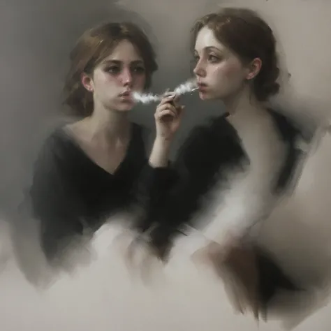 (photorealism:1.2),a young woman smoking with a blurry face, moody atmosphere, soft lighting, cinematic vibe, artistic digital painting, high detail, expressive composition, by Greg Rutkowski and Artgerm, 4k resolution