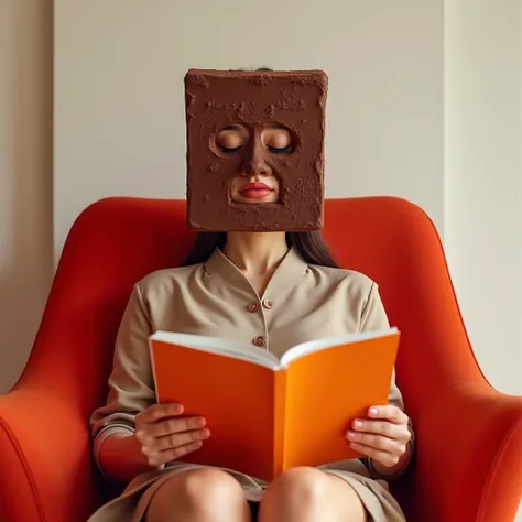 woman with a square chocorramo cake as face sitting on a red designer chair reading an orange magazine, surrealistic, use chocorramo product logo. 