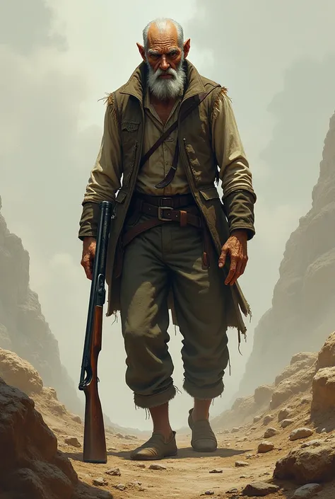 Tall, thin old man with a shotgun in his hand 