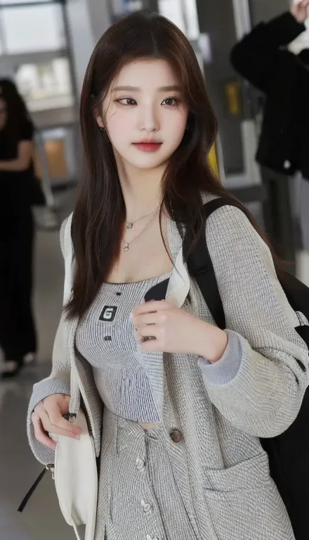 araffe woman with a camera and a backpack at an airport and pink eyes, bae suzy, ulzzang, lalisa manobal, korean girl, lalisa manoban of blackpink, jinyoung shin, kim doyoung, jisoo from blackpink, jossi of blackpink, jaeyeon nam, korean womens fashion mod...