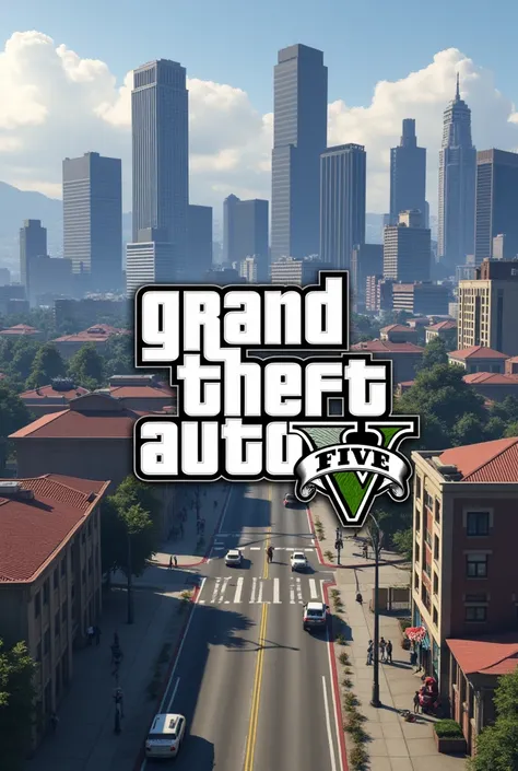 An image of a city from GTA V with the city of angels rp logo in the middle of the city image, landscape type