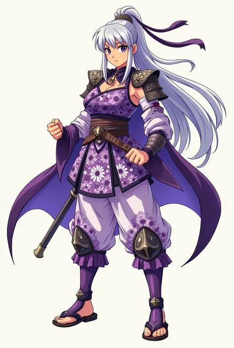 ((female ninja)), masterpiece image, high resolution image, ((samurai style shoulder armor)), ((samurai style knee armor)), samurai style shin guard armor, ((purple cape)) and tournament eyes masks anime 80s style suit  fingeress gloves sandals character d...