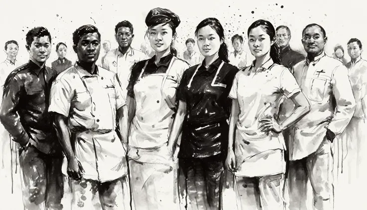 a group of people in uniform, white background, ink painting, black and white painting, artistic ink splashes on white backgroun...