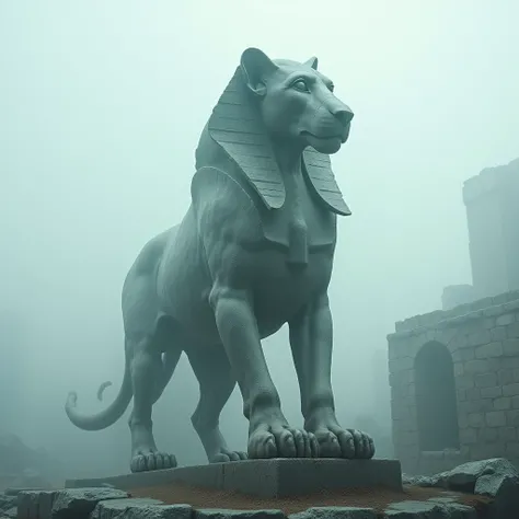 A ghostly, mist-shrouded Sphinx looms over ancient ruins, its enigmatic gaze piercing through time and space. This compelling image, captured in a double exposure photograph, reveals the creature as a spectral guardian of forgotten secrets. The intricate d...