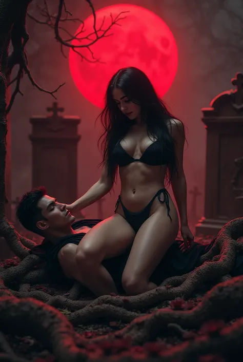 Sexy vampire in swimsuit, long black hair , sitting on a man in the cemetery, at night, with a red moon , with tree roots in the ground 