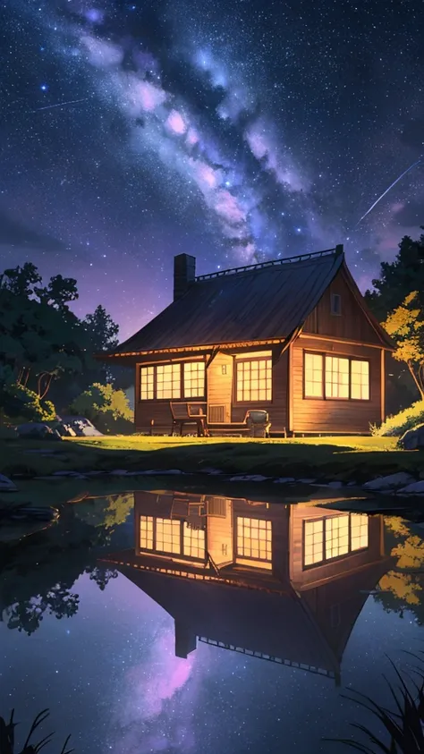 Silhouette of Wooden cottage at cliff, less starry night, glowing, peaceful, vibrant colours, violet, above view, vanishing point, Sparkle, Depth Of Field, Ray Tracing, Reflection Light, Glowing Light, Illustration, 8K Octane, Anime Style, Anime, Digital A...