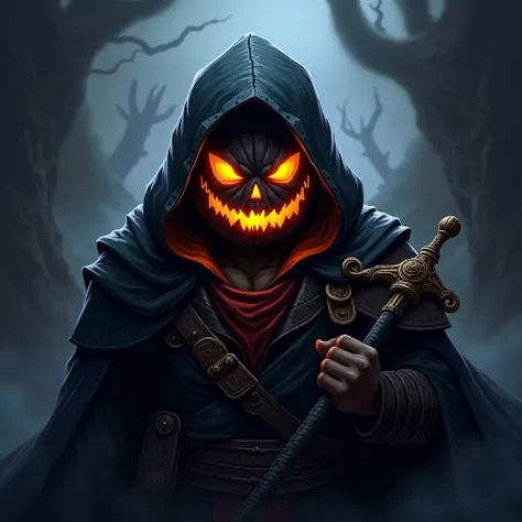 a gaming team logo, a warrior with a black pumpkin head and wearing a hood