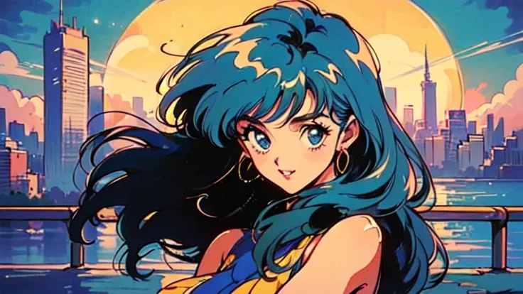 (80s, Retro City Pop:1.5), (Album cover), (masterpiece, Best Quality), (anime, figure), (Pastel colors:1.4),
Best photo poses, Dynamic Angle,
Blue Hair,and、It has a cool impression,
girl, Alone, smile, A perfect eye for detail, Delicate face,
Cityscape, Ni...