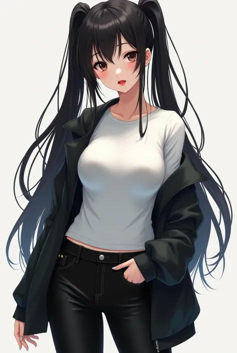 Japanese、woman、thin、Short、Long black hair、Beautiful breasts、Plain white T-shirt、small black jacket、Black skinny jeans、Leather shoes up to the knees、Red lips、Twin tails、Aoi Miyazakiに似ている、Aoi Miyazaki