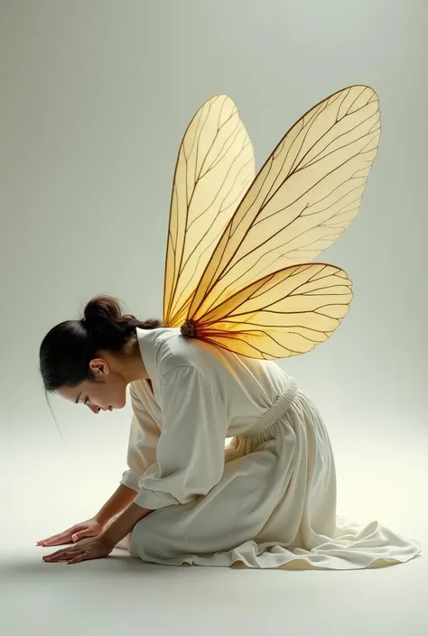 A woman praying on her knees with her face to the ground, but with very large bee wings, simple robe, White