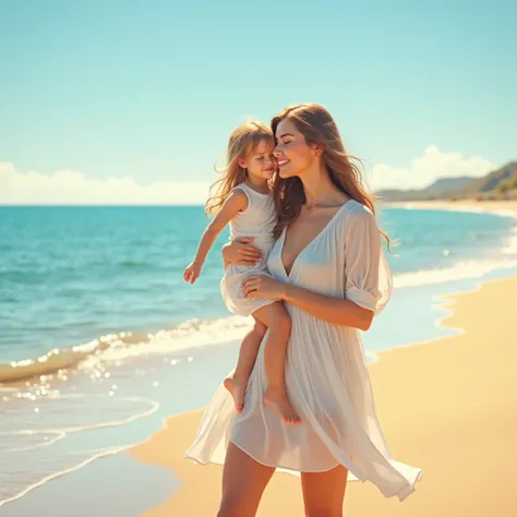 A beautiful woman on the beach with her 1 daughter



