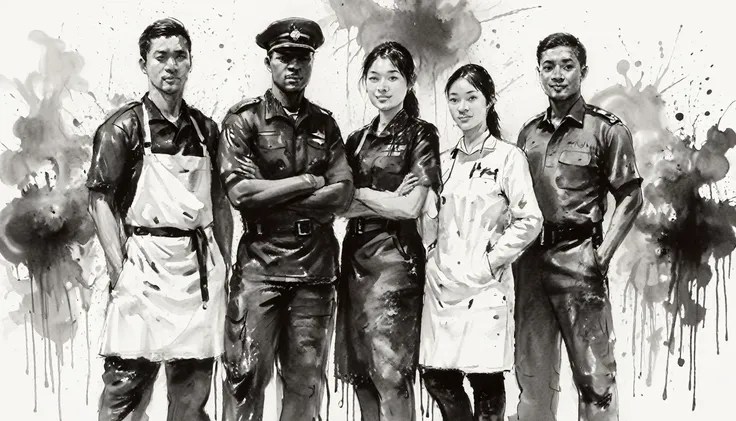 a group of people in uniform, white background, ink painting, black and white painting, artistic ink splashes on white backgroun...